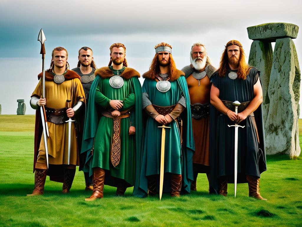 Группа древних кельтских воинов в традиционной одежде у Стоунхенджа