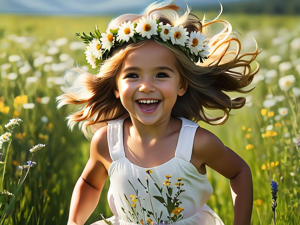 Портрет счастливой юной девушки в венке из цветов, бегущей по лугу