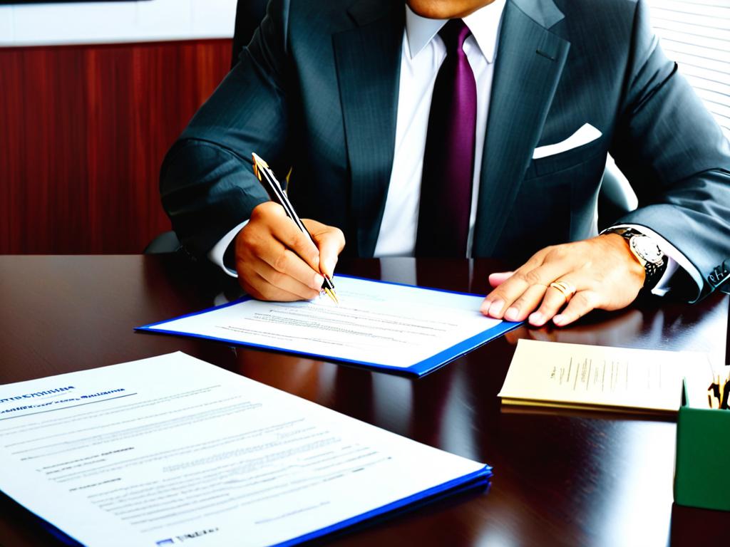 Мужчина в костюме подписывает документы в офисе. Это иллюстрирует юридическую передачу прав