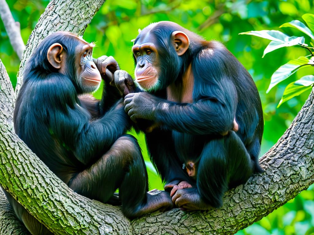 Шимпанзе чистят шерсть друг друга на дереве