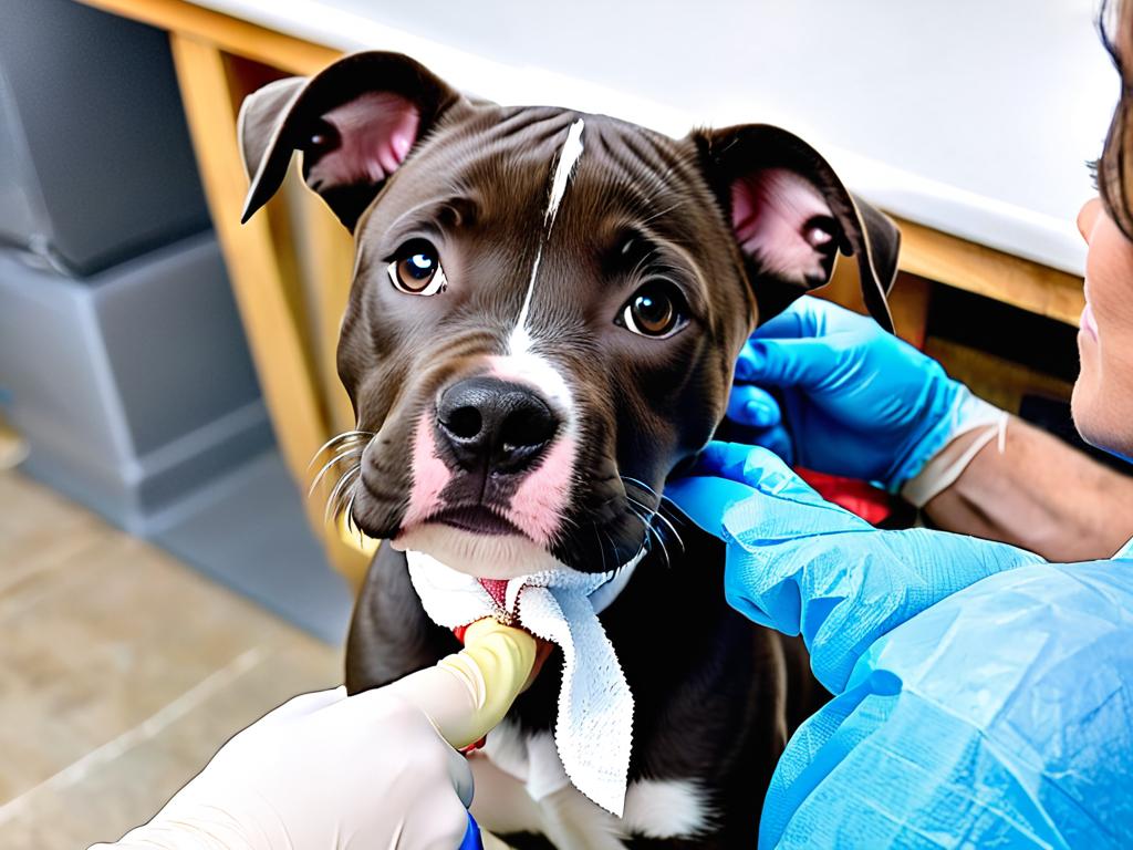 Ветеринарный техник бинтует купированные уши щенка питбуля после операции