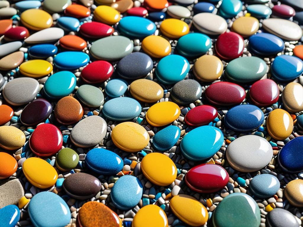 Крупный план картины из камня в технике мозаики из мелких разноцветных камешков