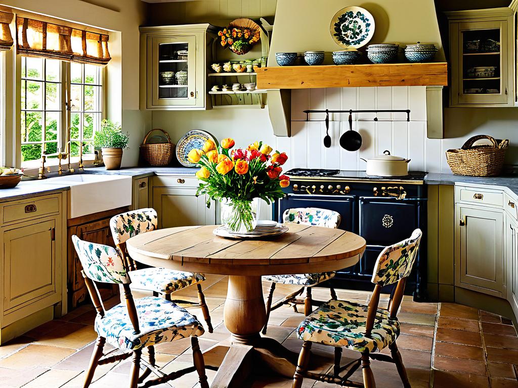 Интерьер кантри кухни с круглым деревянным столом и стульями с цветочным принтом