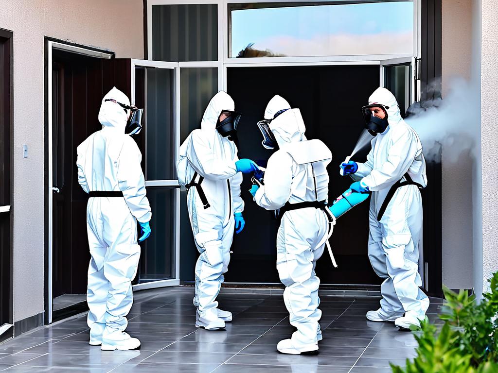 Группа людей в защитных костюмах проводит дезинфекцию в жилом доме во время карантина