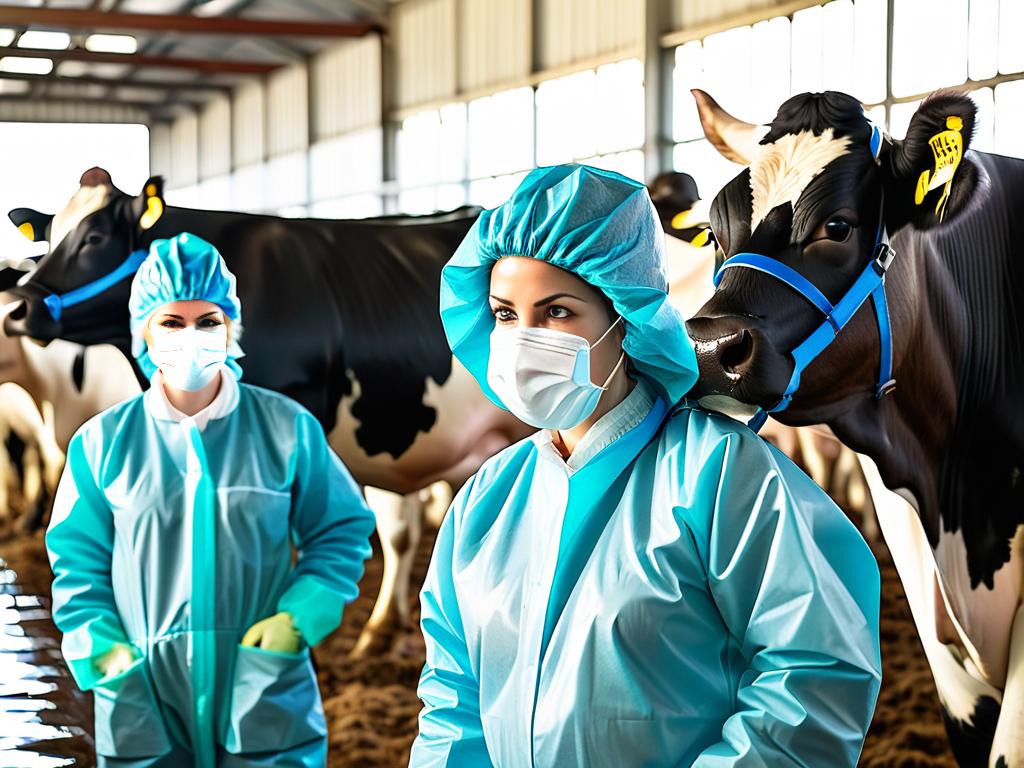 Ветеринары в защитной одежде осматривают коров на молочной ферме во время карантина из-за