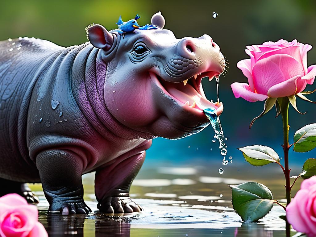 Веселый маленький бегемот с синей птичкой на мокром носу нюхает розовую розу