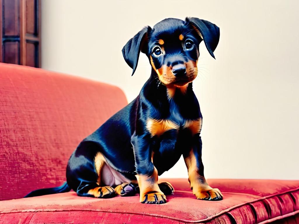 Портрет милого щенка карликового добермана, сидящего на диване