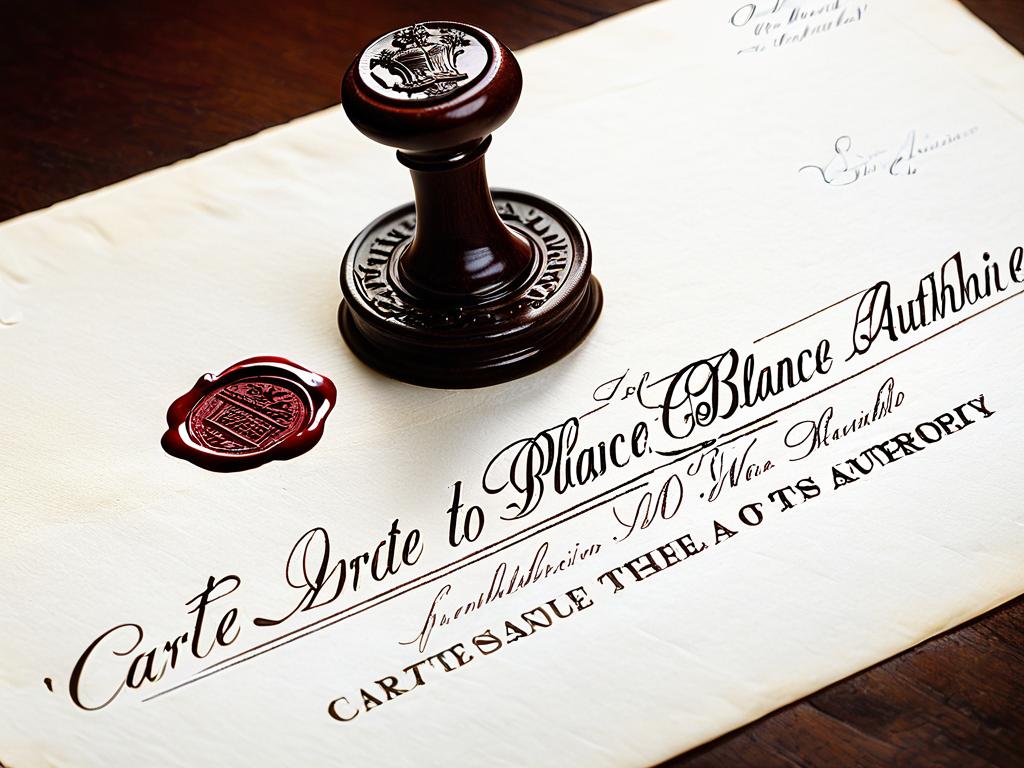 Старинный документ с восковой печатью и подписью, предоставляющий карт-бланш полномочия кому-либо