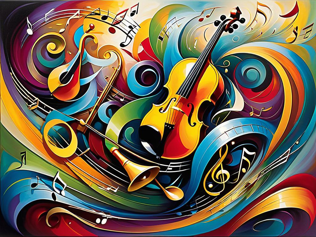 Абстрактная картина, изображающая ноты и инструменты, хаотично перемешанные в какофонии красок
