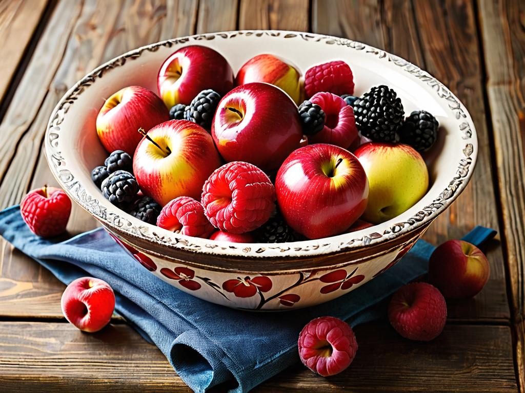 Миска с красными яблоками и малиной на деревянном столе. Здоровые фрукты.