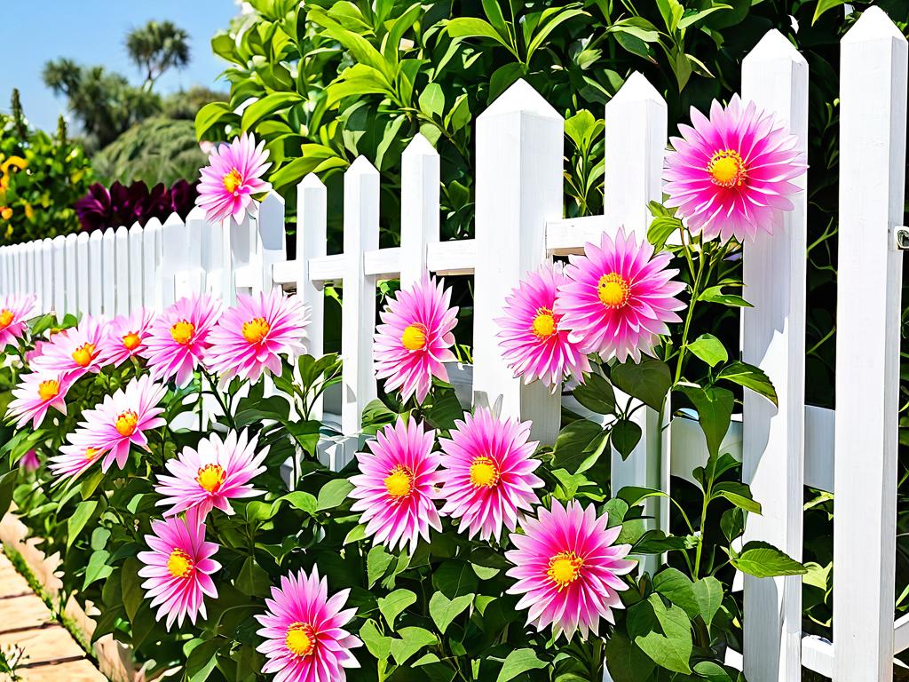 Цветущая калистегия на белом заборе в саду