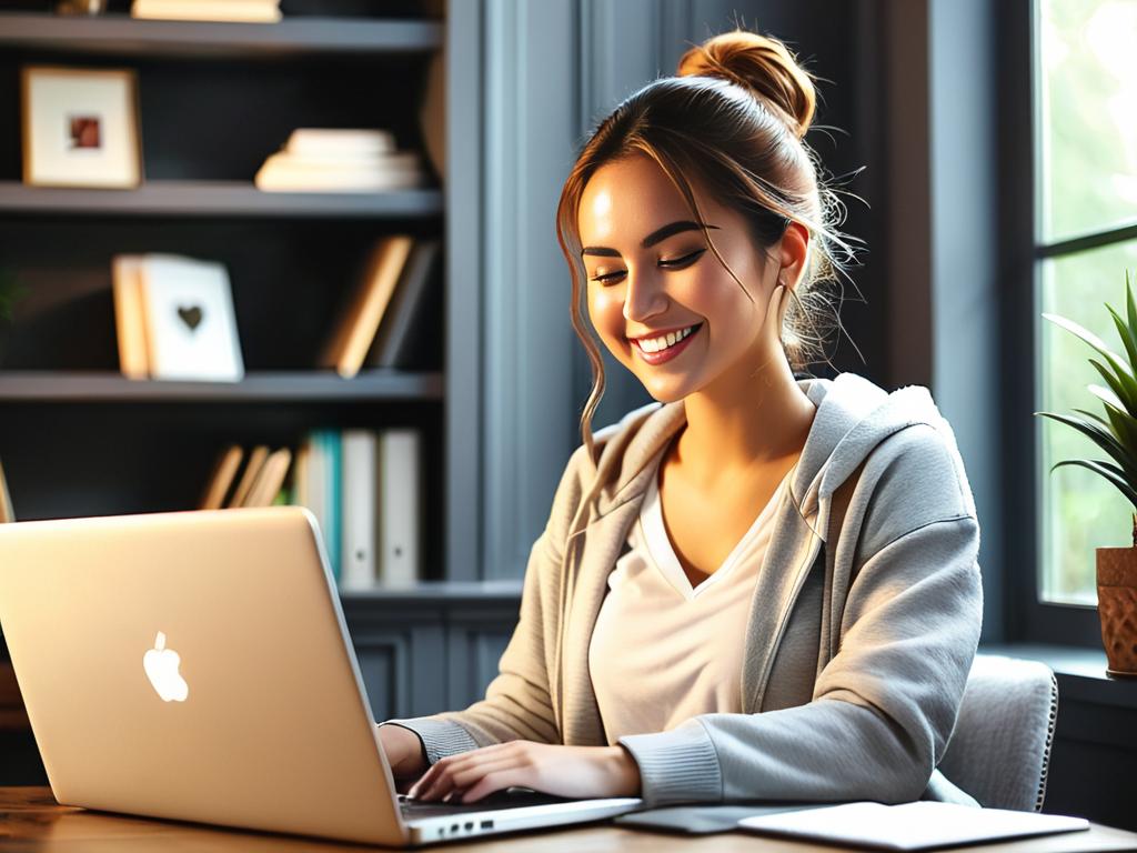 Счастливая молодая женщина работает за ноутбуком, расслабляясь в уютном домашнем офисе