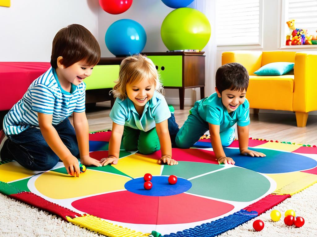 Дети играют в Твистер на коврике с цветными кругами