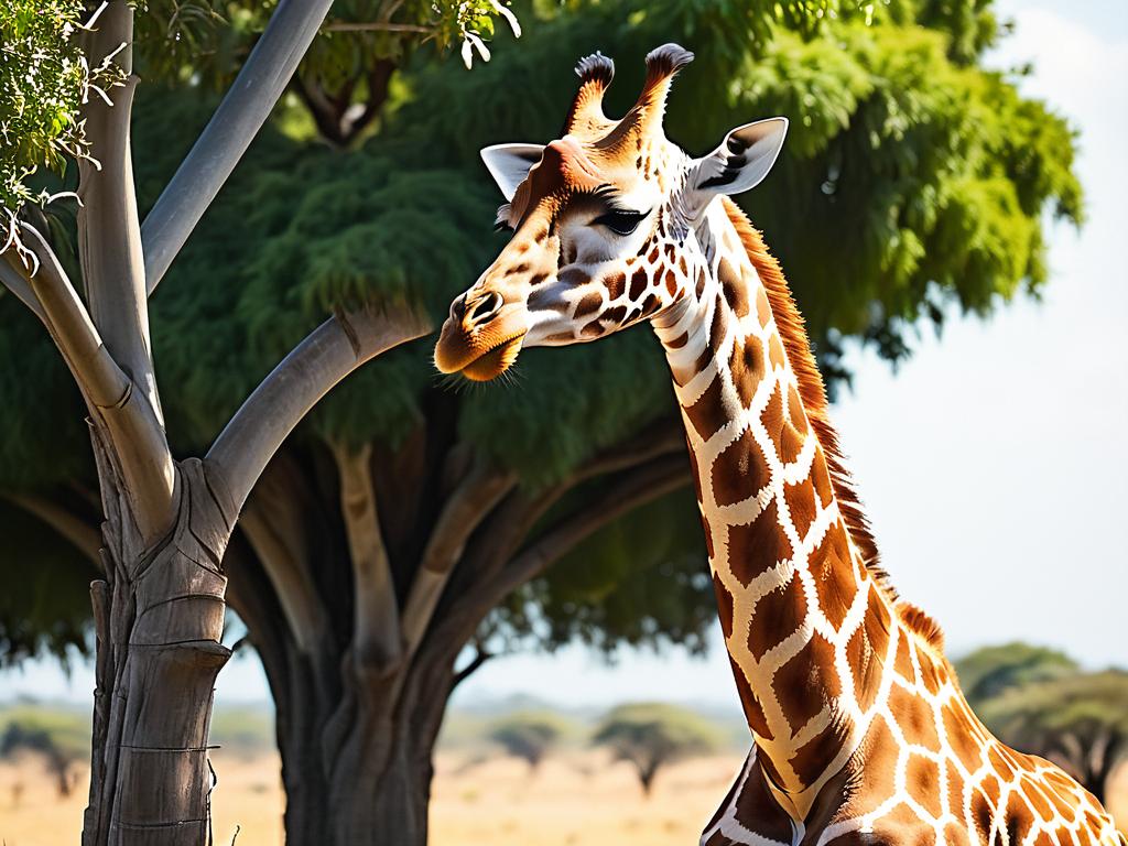 Высокий жираф стоит, закрыв глаза и наклонив голову во время дневного сна на улице