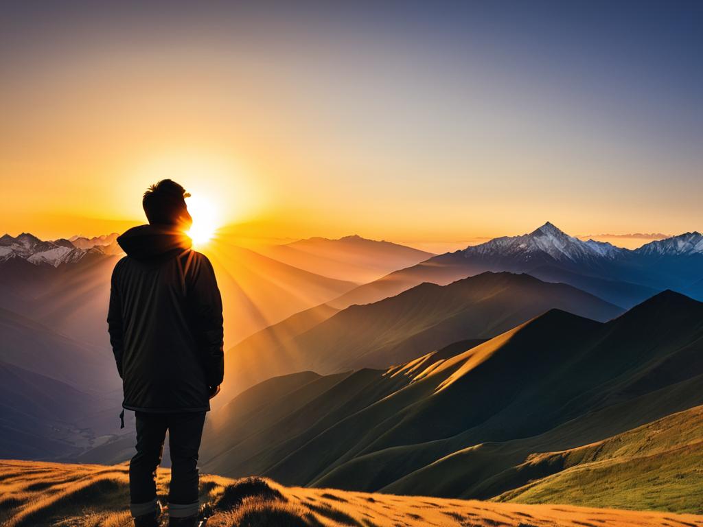 Человек смотрит на восход солнца над горами, символизируя взятие ответственности