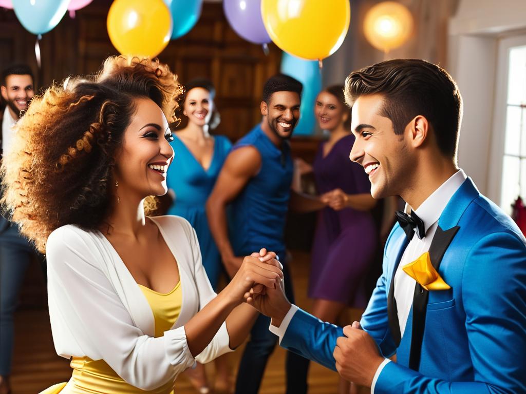 Улыбающийся молодой человек приглашает девушку на танец на вечеринке