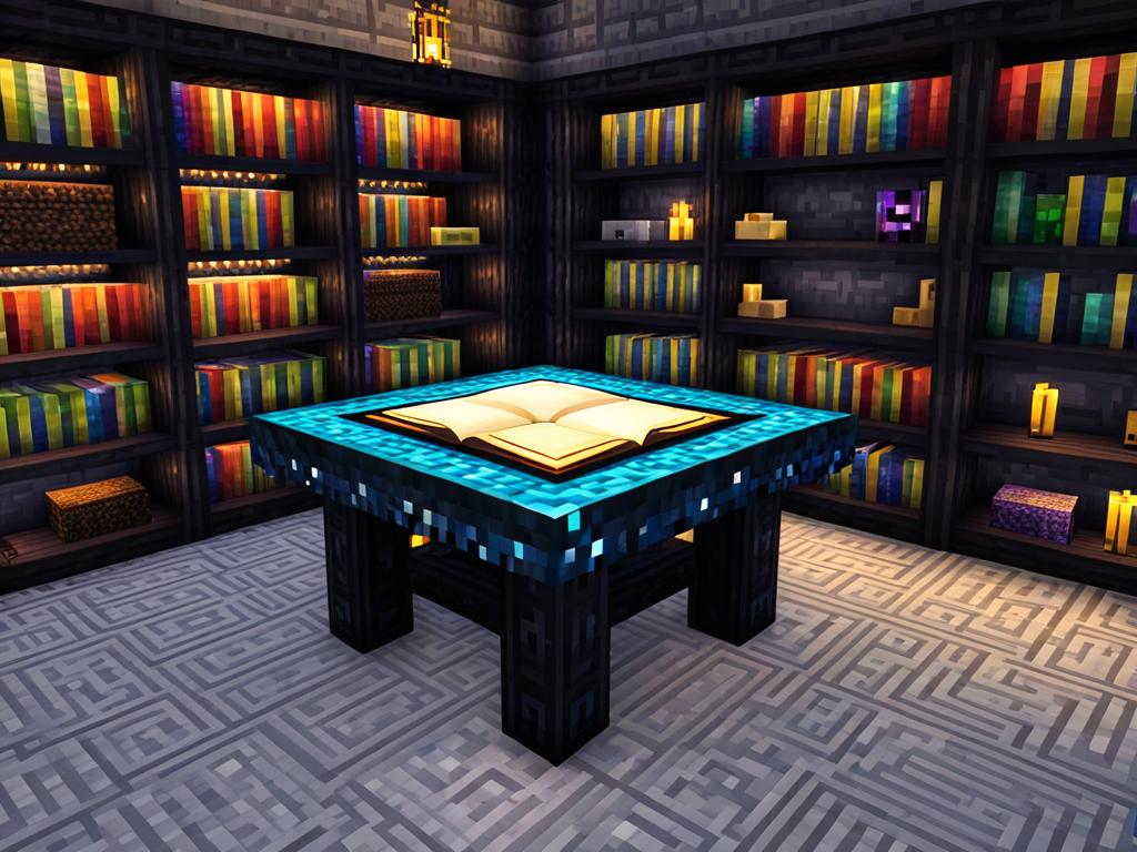 Стол зачарований, сделанный из обсидиана, алмазов и книги, стоит рядом с несколькими книжными