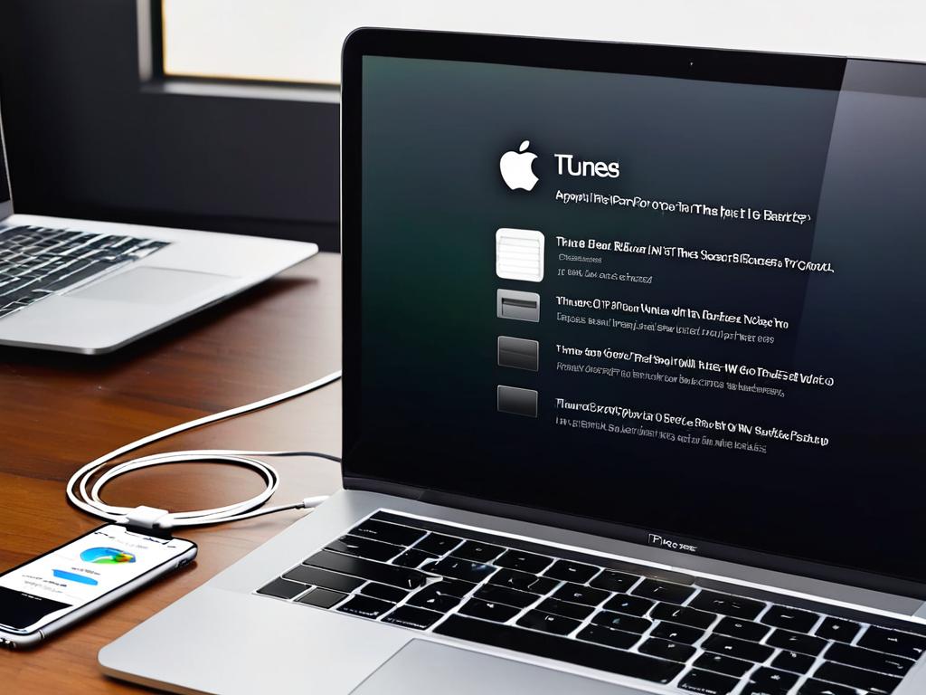 Айфон подключен к ноутбуку, на экране открыт iTunes, выполняется восстановление резервной копии