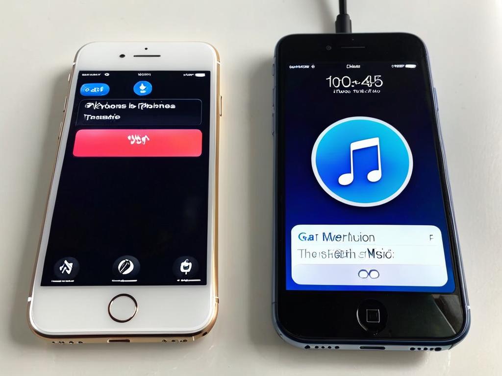 Два айфона рядом, соединены по Bluetooth, выполняется передача музыки