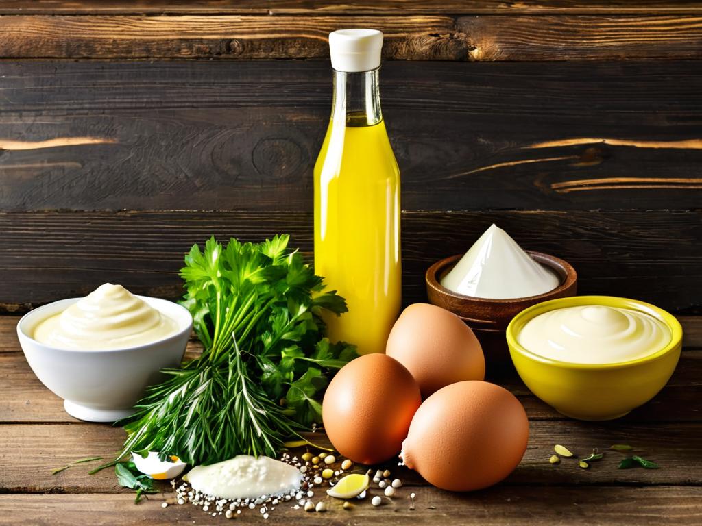 Ингредиенты для приготовления домашнего майонеза: яйца, масло, горчица, лимон, чеснок и зелень
