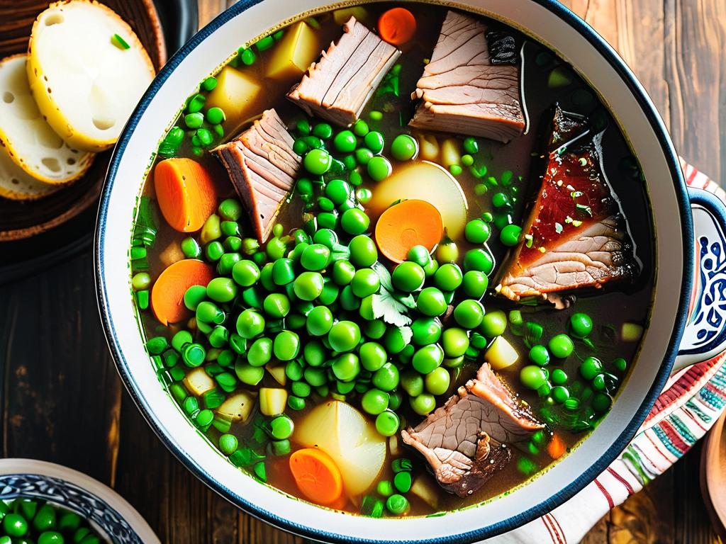 Вид сверху на тарелку с гороховым супом с копчеными ребрышками, картофелем, морковью и зеленым луком