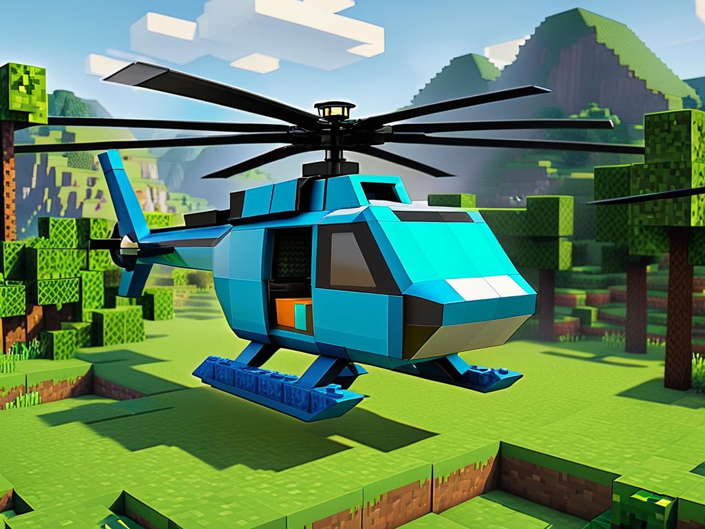 Персонаж Minecraft строит вертолет из железных блоков