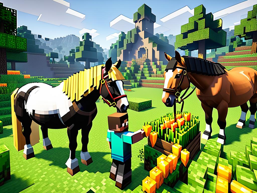 Игрок кормит лошадей золотой морковью для разведения в Майнкрафте
