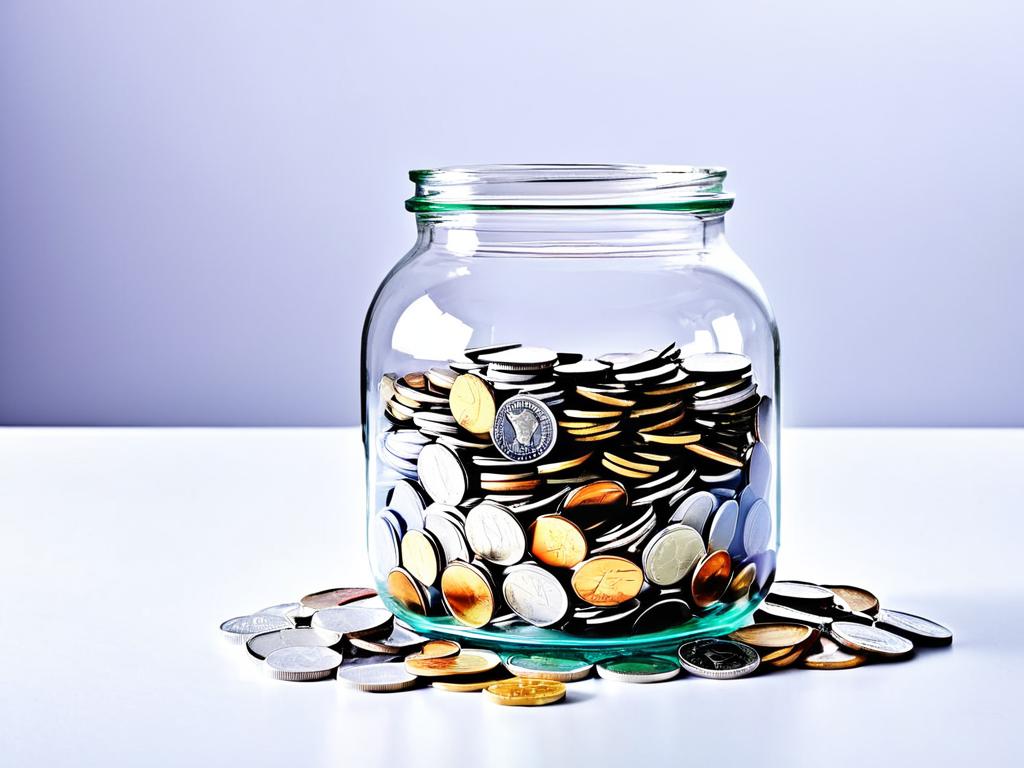 Прозрачная стеклянная банка, наполненная монетами и денежными купюрами