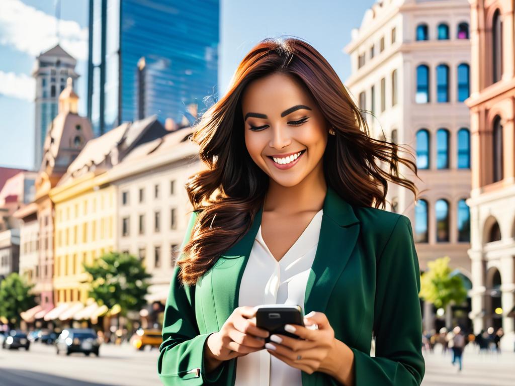 Женщина держит смартфон и улыбается на фоне центра города