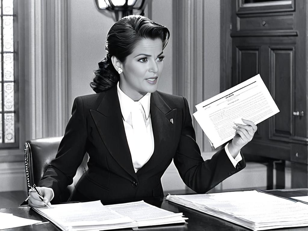 Женщина в костюме демонстрирует некие документы, объясняя или рассказывая о чем-то важном