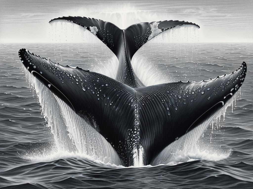 Рисунок хвоста кита с каплями воды