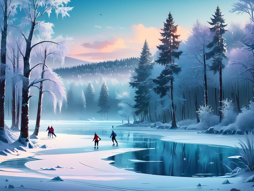 Зимний пейзаж с конькобежцами на замерзшем озере