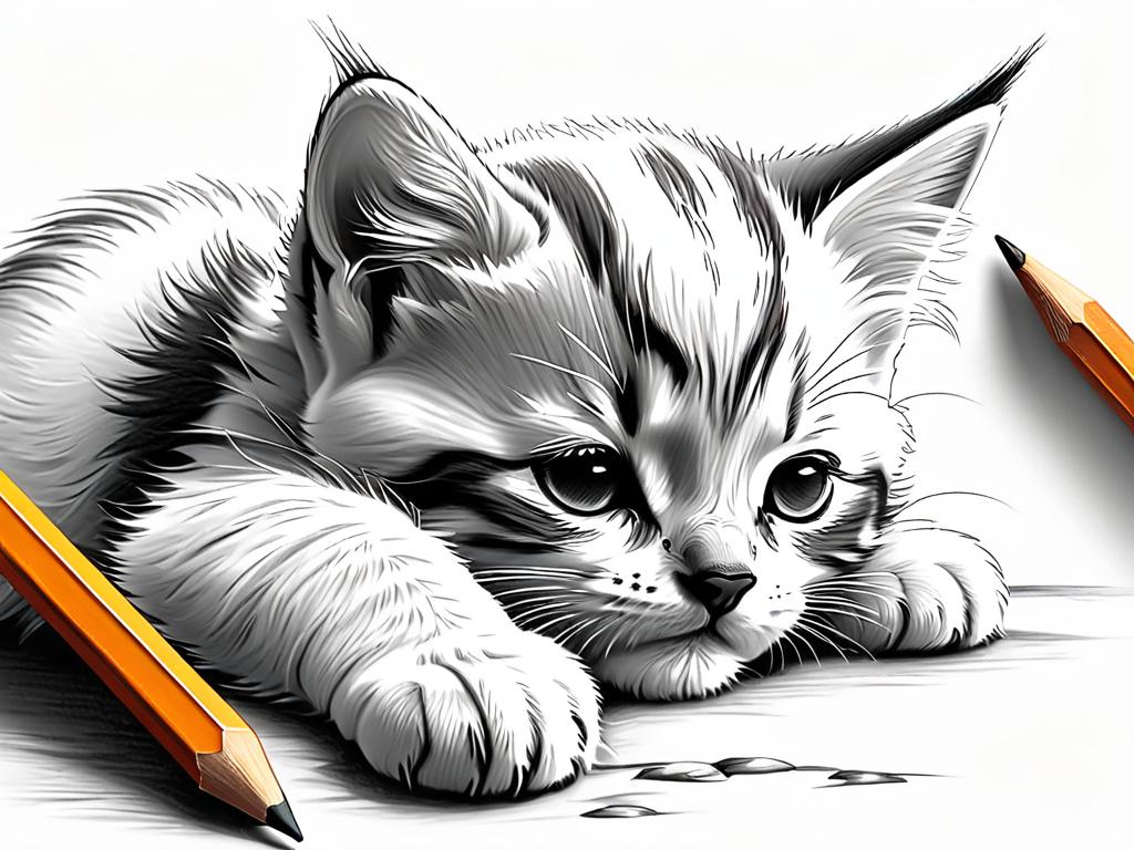 Рисунок спящего котенка мультяшки карандашом для детей