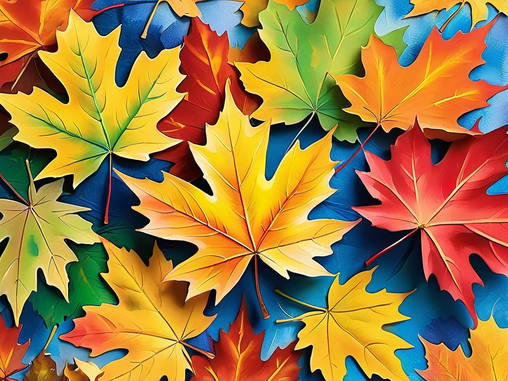 Яркие осенние листья клена, нарисованные красками на бумаге