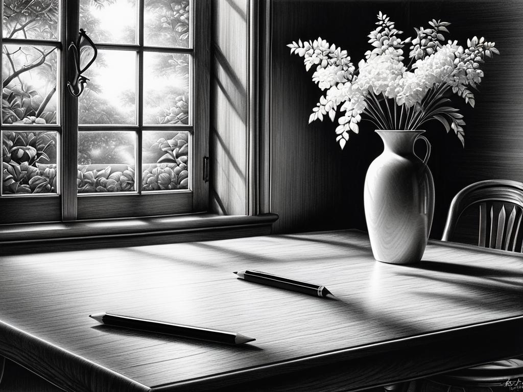 Реалистичная текстура и освещение стола в карандашном рисунке