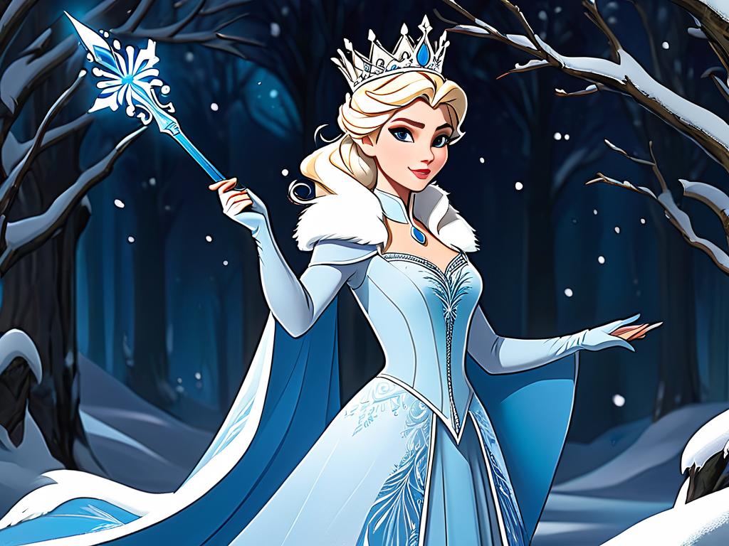 Набросок контура платья и позы Снежной Королевы с волшебной палочкой
