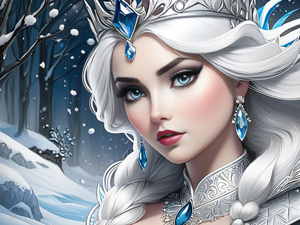 Рисунок Снежной Королевы с добавлением теней и текстур карандашом