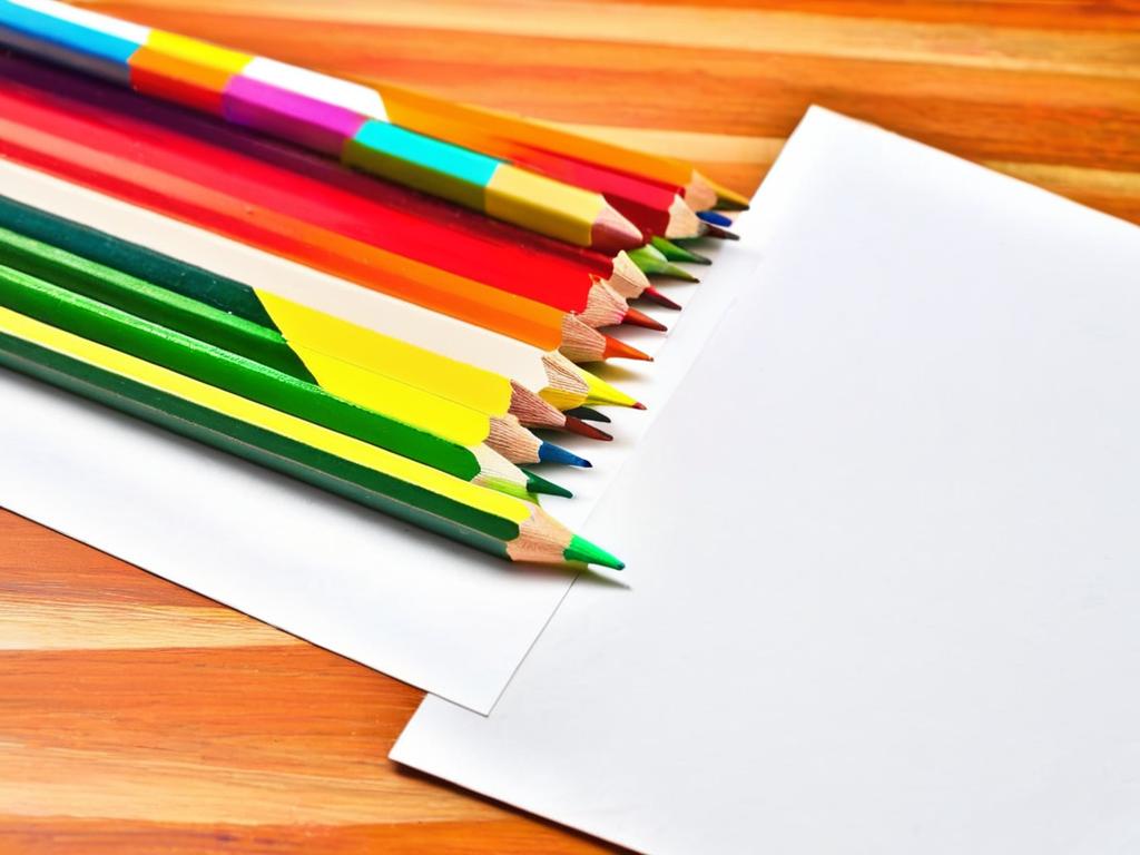 Цветные карандаши и белая бумага на столе для рисования