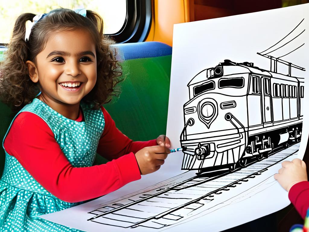 Ребенок радостно показывает взрослому свой готовый рисунок поезда