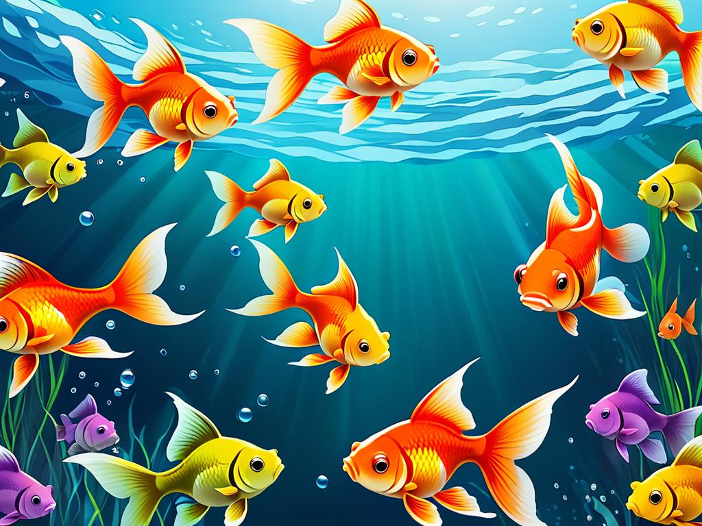 Векторная иллюстрация разноцветных мультяшных золотых рыбок, плавающих в воде