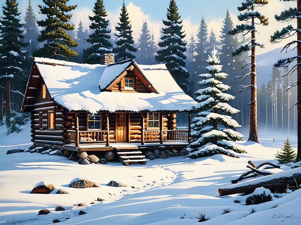 Зимний пейзаж с елью возле снежного деревянного домика