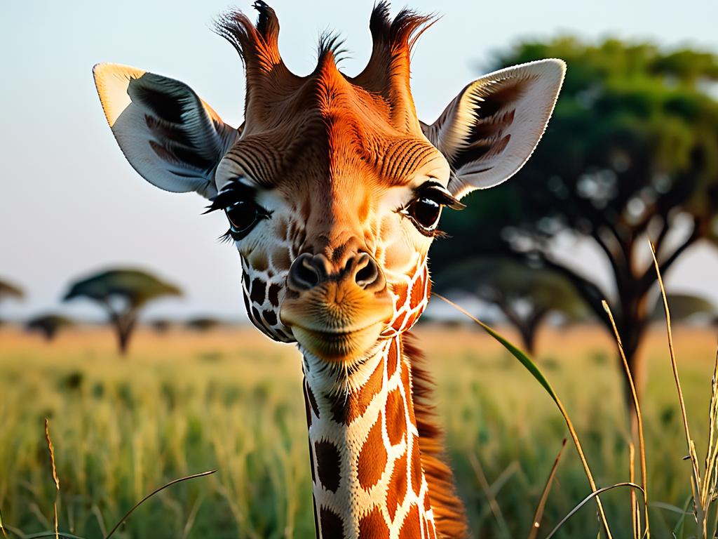 Мордочка маленького жирафенка на фоне травы саванны