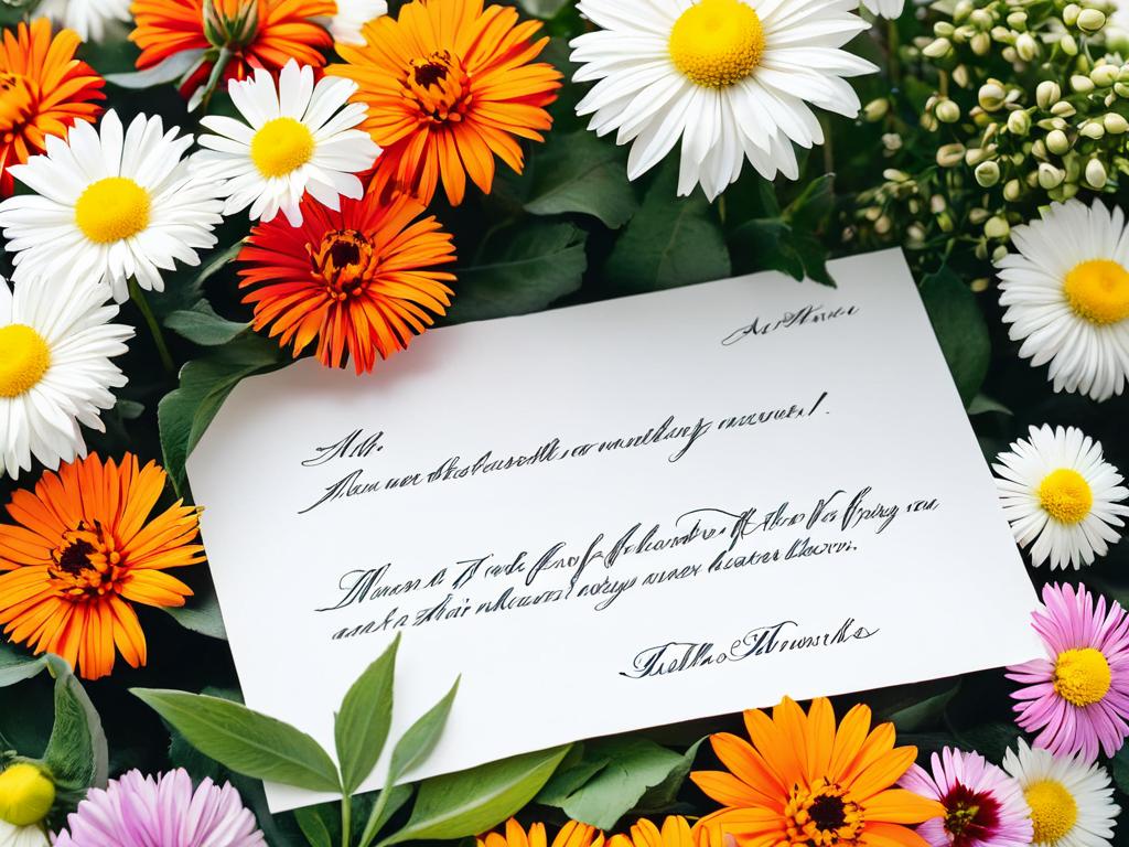 Крупным планом письмо, написанное от руки, лежит на цветах