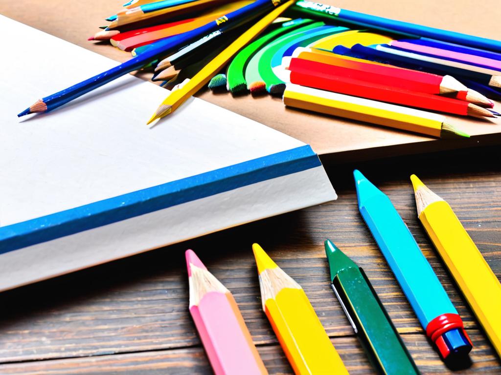 Цветные карандаши, кисти, бумага и ластик на рабочем столе для рисования Золушки