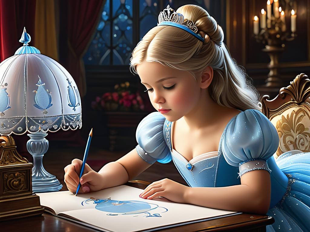 Девочка рисует Золушку в нарядном платье, сосредоточившись на деталях