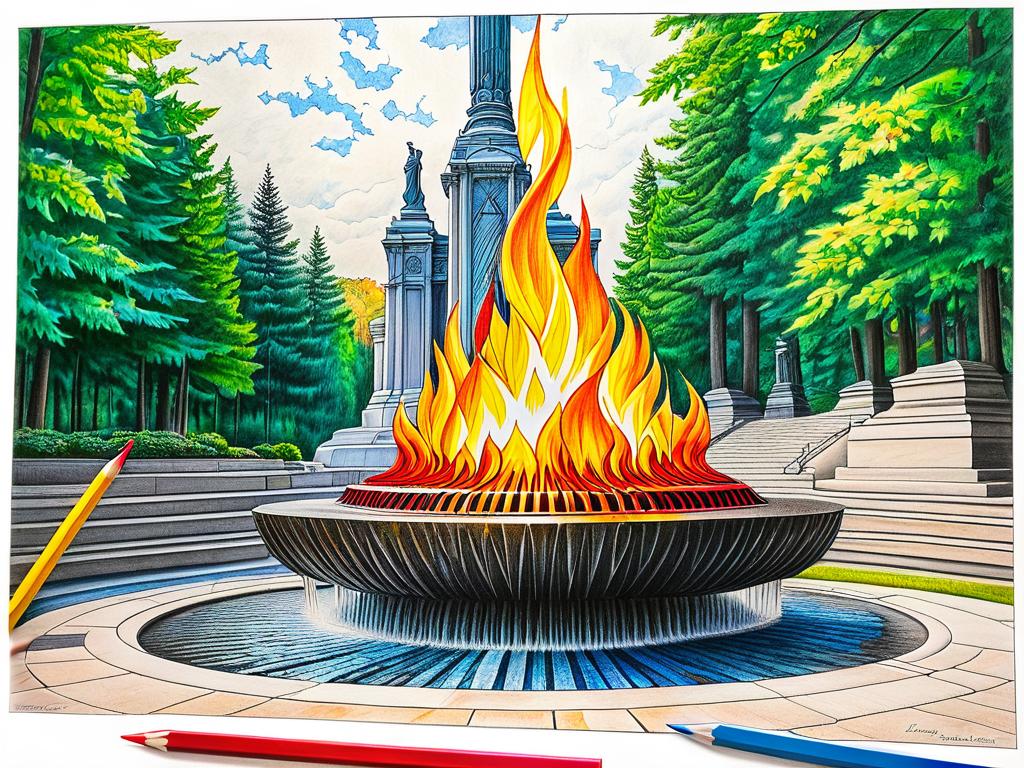 Раскрашивание рисунка «Вечного огня» цветными карандашами