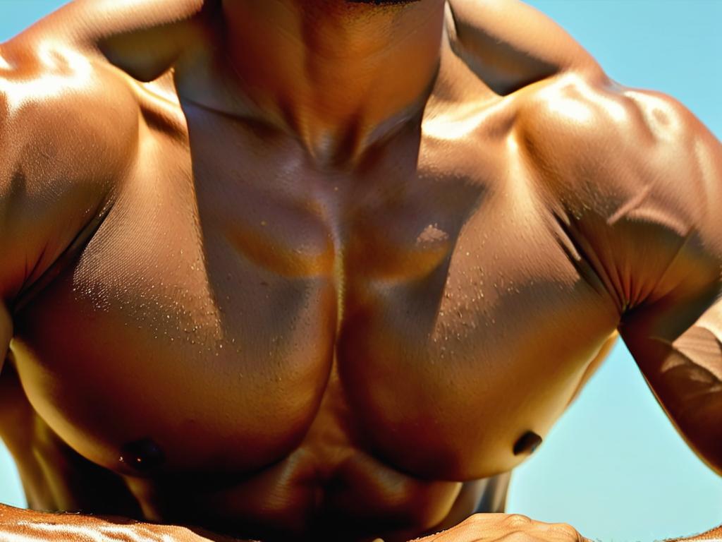 Крупный план напряженных мышц груди и рук мужчины во время отжиманий