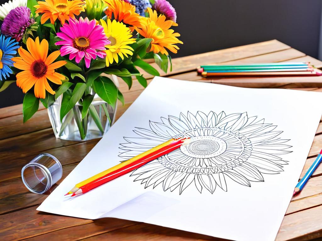 Цветные карандаши, маркеры, ластик и белый лист бумаги на деревянном столе с наброском букета