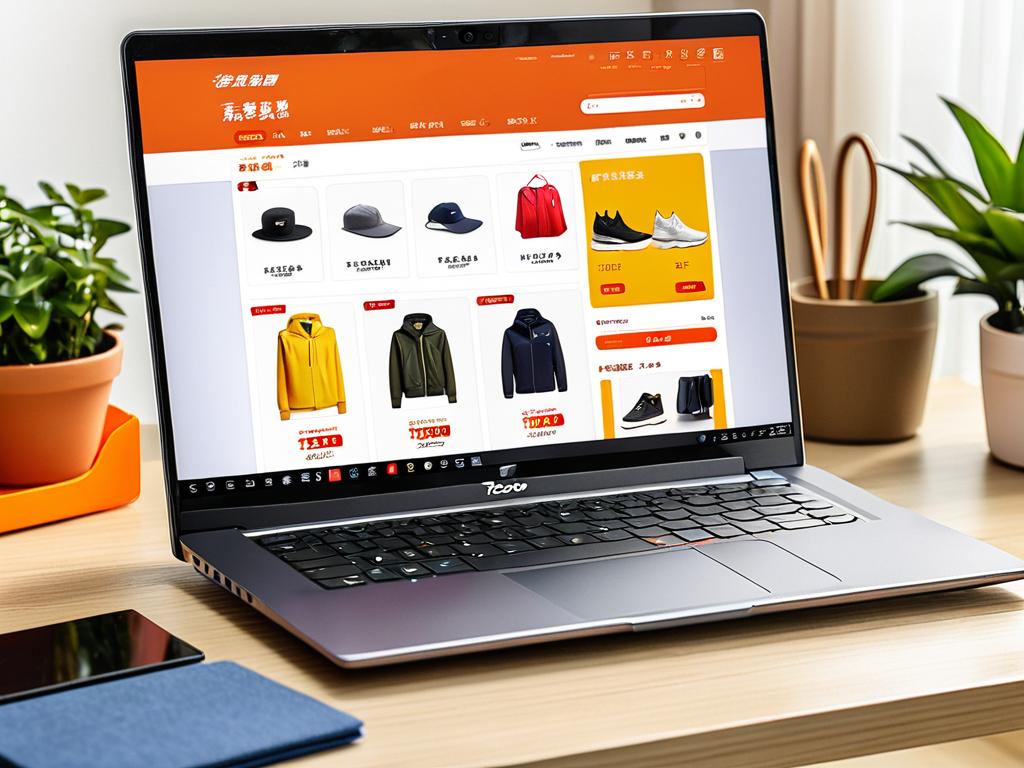 На экране ноутбука показан ассортимент товаров, доступных для покупки на сайте Таобао