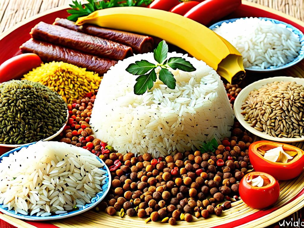 Фото ингредиентов для приготовления плова - рис, мясо, овощи